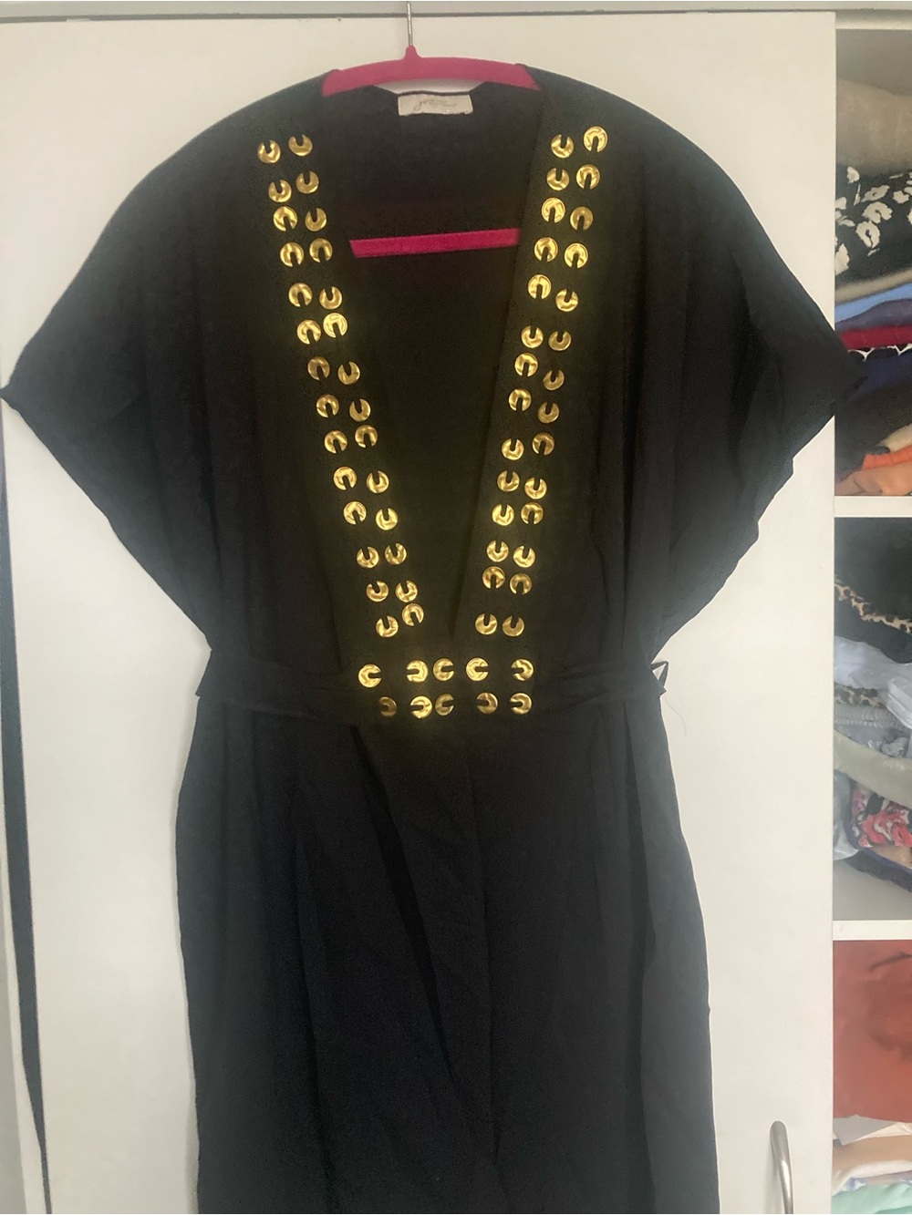 Black Dress beach cover up with Gold Stud Embellishment, Size S oversize kimono